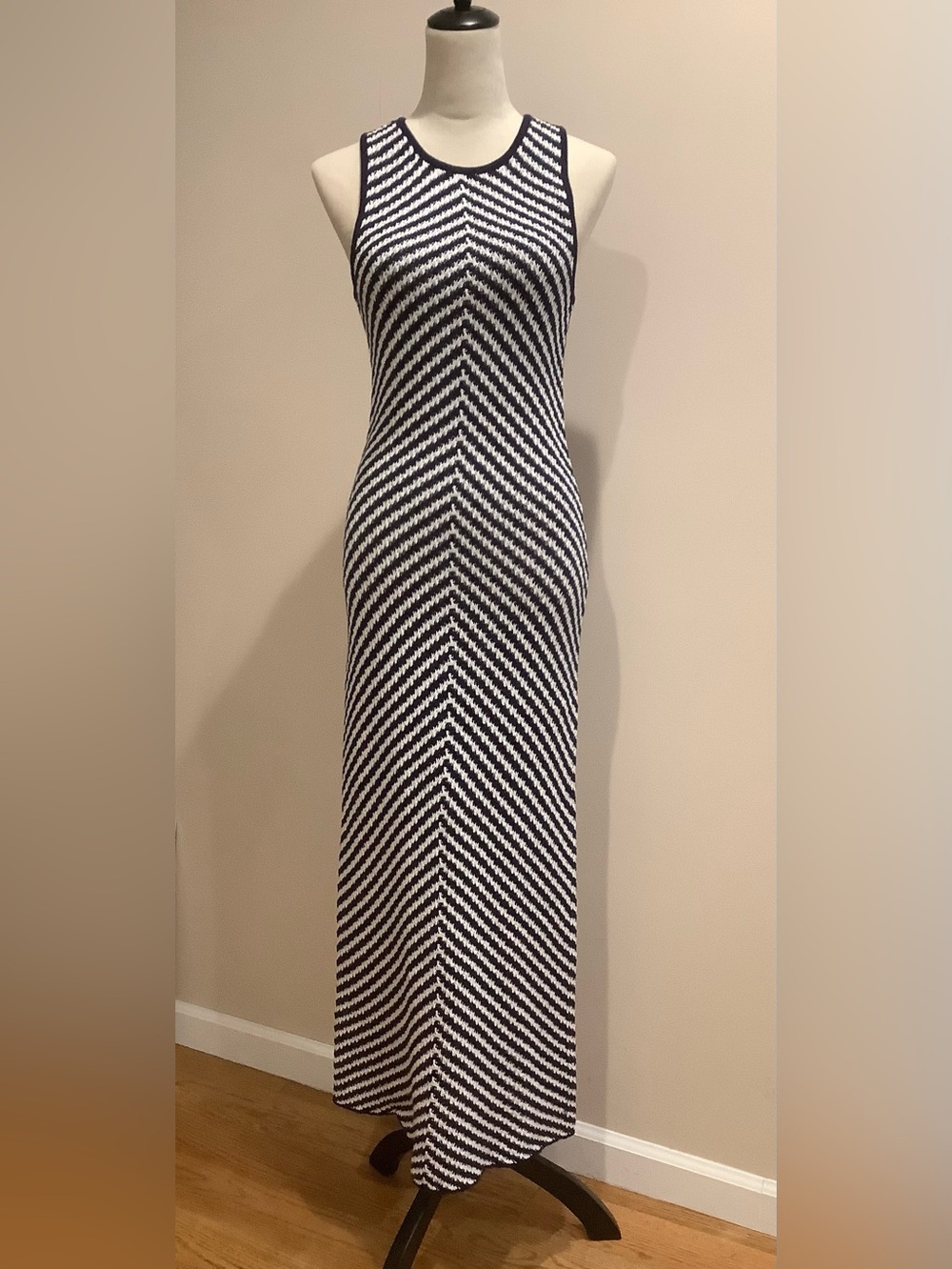 House Of Harlow 1960 Navy Blue & White Bodycon Knit Maxi Dress Size M, NWT